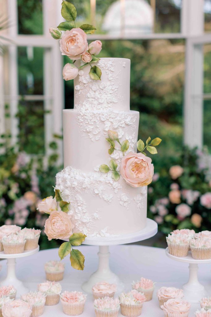 elegant wedding cakes, a contemporary royal iced cake with floral applique and sugar flower. Syon Park Wedding