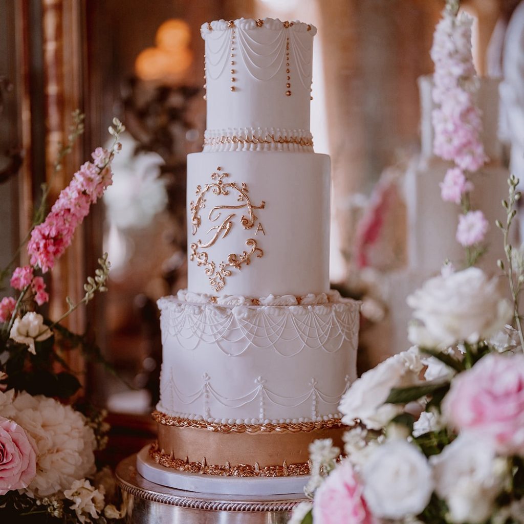 elegant wedding cakes, a contemporary take on a traditional royal iced wedding cake design with gold accents